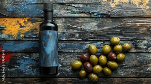 Olive oil bottle among fresh olives on rustic wooden table in kitchen setting