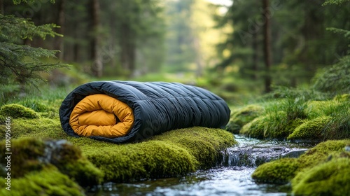 Rolling camping mat rests beside a peaceful forest stream during a sunny afte...