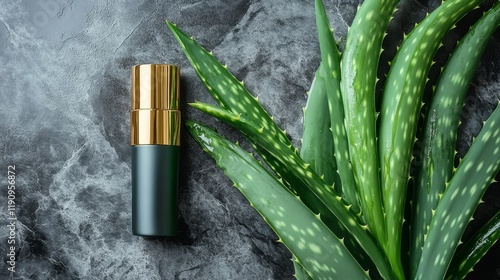 Green aloe vera plant beside a sleek black bottle on a textured stone surface