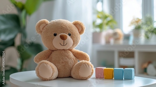 Soft teddy bear sitting on a table surrounded by colorful blocks in a cozy pl...