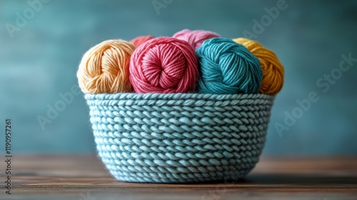 Colorful yarn balls in a woven basket in a cozy indoor setting