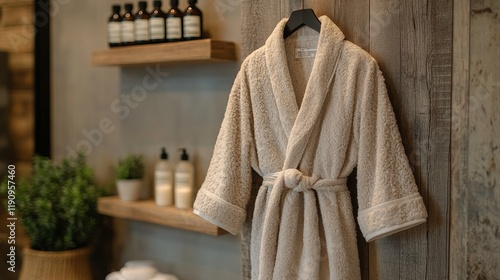 Spa relaxation with essential oils and cozy robe on wooden shelf in tranquil ...