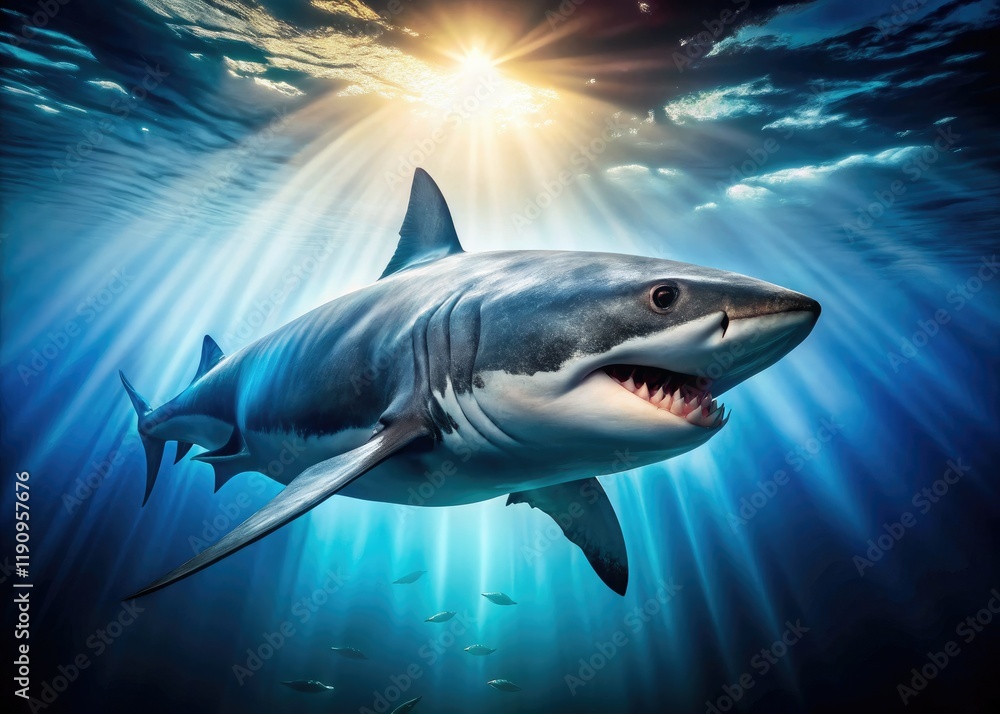 Fototapeta premium Epic underwater adventure: Photograph majestic great white sharks in their ocean realm.