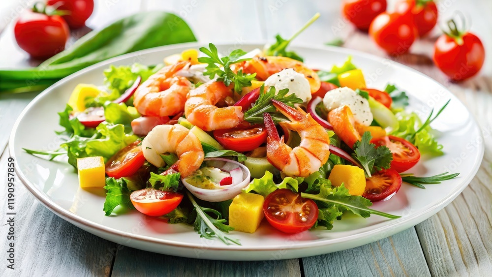 Succulent shrimp salad, artfully arranged, a culinary masterpiece captured in architectural photography. Succulent shrimp salad, artfully arranged, a culinary masterpiece captured in architectural photography.