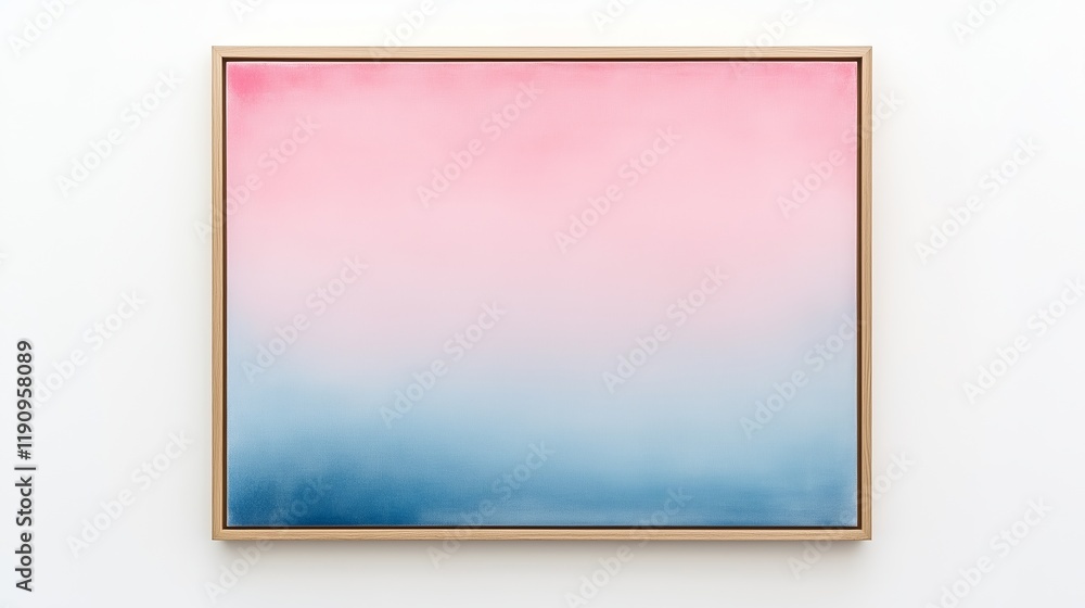 A soft gradient of pink and blue, framed in a thin wooden frame with the bottom edge showing through from left to right. The background is a smooth gradient of light grey. A soft gradient of pink and blue, framed in a thin wooden frame with the bottom edge showing through from left to right. The background is a smooth gradient of light grey.