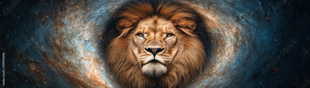 Golden lion s face emerging from a swirling galaxy, blending strength with the vastness of space Golden lion s face emerging from a swirling galaxy, blending strength with the vastness of space