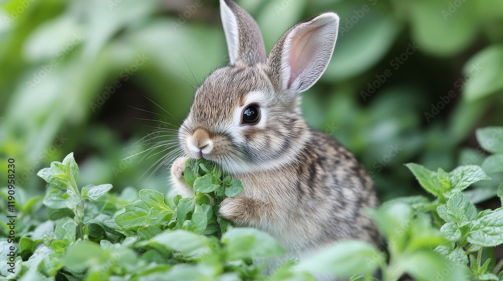 Fototapeta premium Young rabbit munching on fresh greens in a sunny garden setting