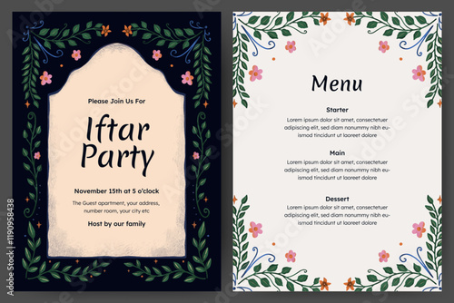 Ramadan mubarak template with plant, flower, and arch border for iftar party invitation card and menu list design