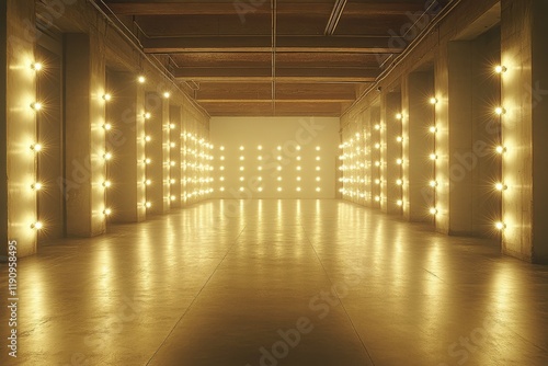 Brightly lit empty hall with glowing lights on walls for creative activities ...