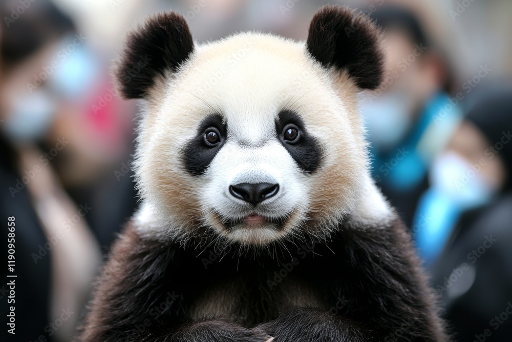 Fototapeta premium A team of veterinarians examining a giant panda in a conservation center, surrounded by bamboo plants