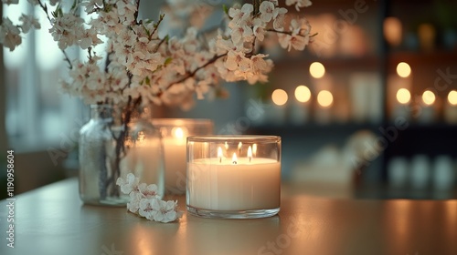 Cozy candle illuminating a modern cafe with warm ambiance and elegant decor