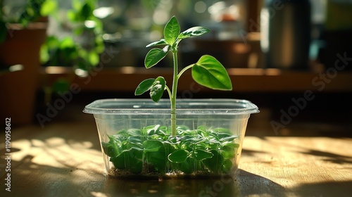 Growing plant in a clear container on a wooden surface with natural light