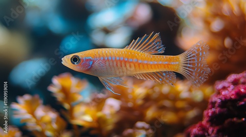 Colorful goldfish swimming gracefully among aquatic plants in a serene underw...