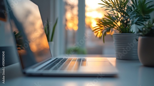 Modern workspace setup with laptop and indoor plants on a light blue background
