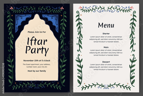 Ramadan mubarak template with plant, flower, and arch border for iftar party invitation card and menu list design