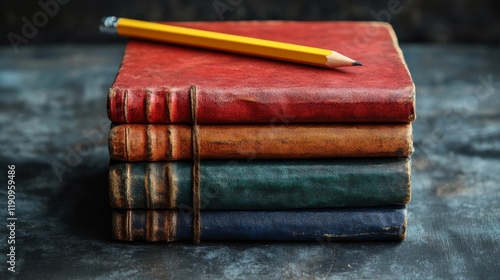 Writing tools on a textured surface with a focus on two colorful notebooks an...