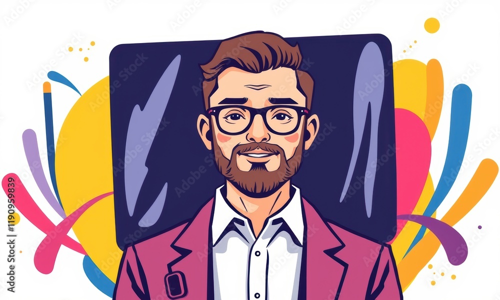 Digital Illustration of a Young Man with Glasses and a Beard, Wearing a Stylish Suit, Posing Against a Vibrant Abstract Background with Geometric Patterns Digital Illustration of a Young Man with Glasses and a Beard, Wearing a Stylish Suit, Posing Against a Vibrant Abstract Background with Geometric Patterns