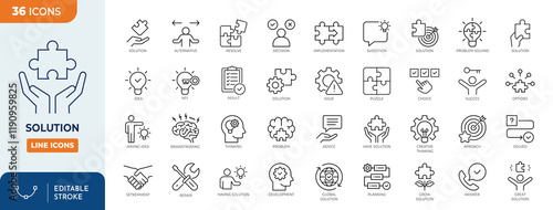 Solution line editable icon set. Containing problem solving, alternative, resolve, answer, maze, issue, and more. Vector illustration.
