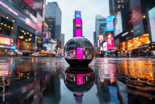 A vibrant cityscape with iconic landmarks, bustling streets, and neon lights reflecting on wet pavements after rain photo