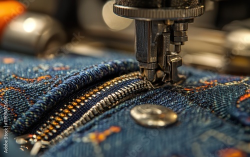 Close-up of a sewing machine meticulously attaching a zipper to denim. The intricate detail showcases the precision of garment manufacturing. photo