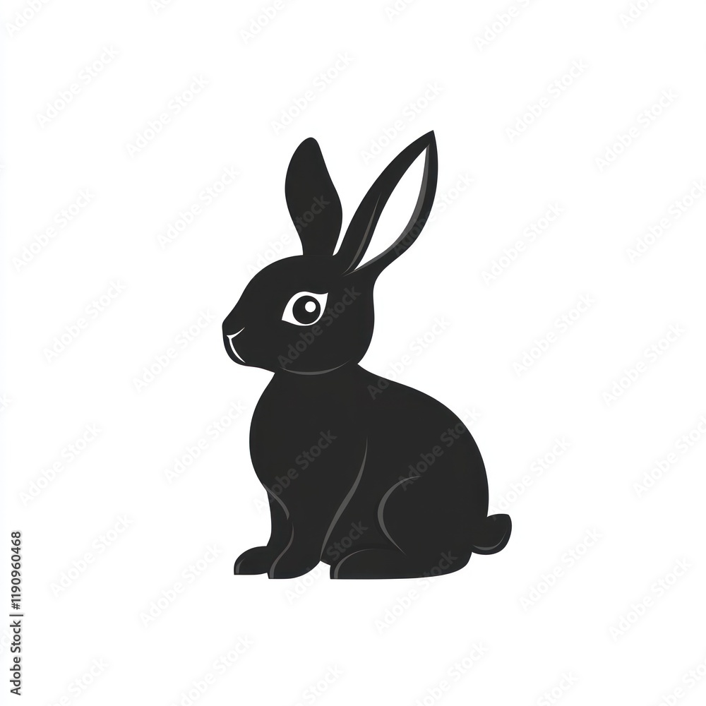 Fototapeta premium Black rabbit sitting, isolated, simple design, white background, logo