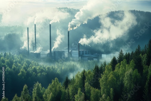 An industrial plant looms over a green forest, emitting thick, dark smoke and contributing to pollution, highlighting the stark contrast between natures beauty and industrial encroachment
