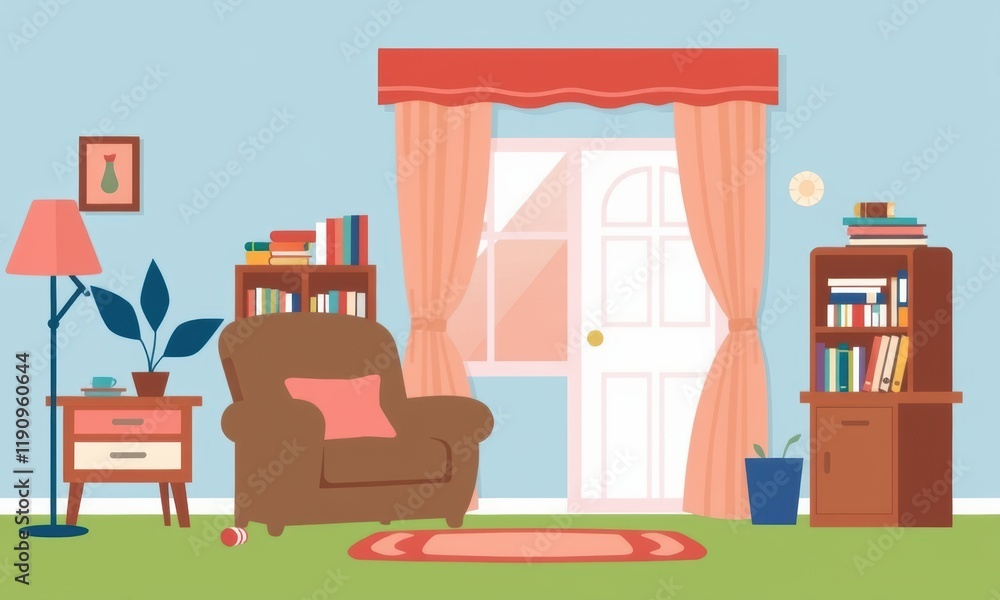 A Cozy Living Room Interior Featuring a Comfortable Brown Armchair, Bookshelf and Curtains Illuminated by Natural Light on a Sunny Day A Cozy Living Room Interior Featuring a Comfortable Brown Armchair, Bookshelf and Curtains Illuminated by Natural Light on a Sunny Day