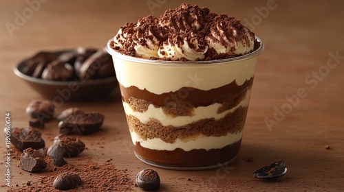 Delicious dessert with layered chocolate and cream served in a clear cup on a...