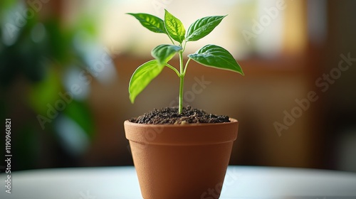 Small green plant grows in a brown pot on a table surrounded by other plants ...