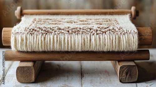 Handmade wooden loom for weaving with delicate fabric resting on it in a brig...