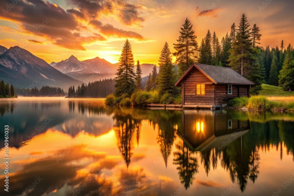 Fototapeta premium Golden hour paints the minimalist lake cabin in sunset hues, a cozy lakeside retreat.
