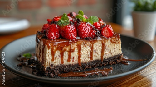 Delicious cheesecake with strawberries and chocolate sauce on a wooden table
