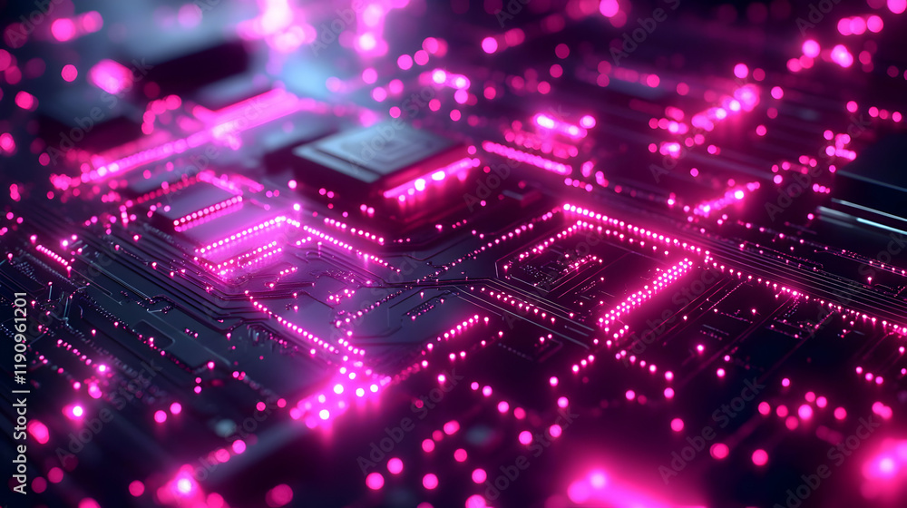 Obraz premium Abstract Glowing Circuit Board, Pink and Purple Neon Technology Background