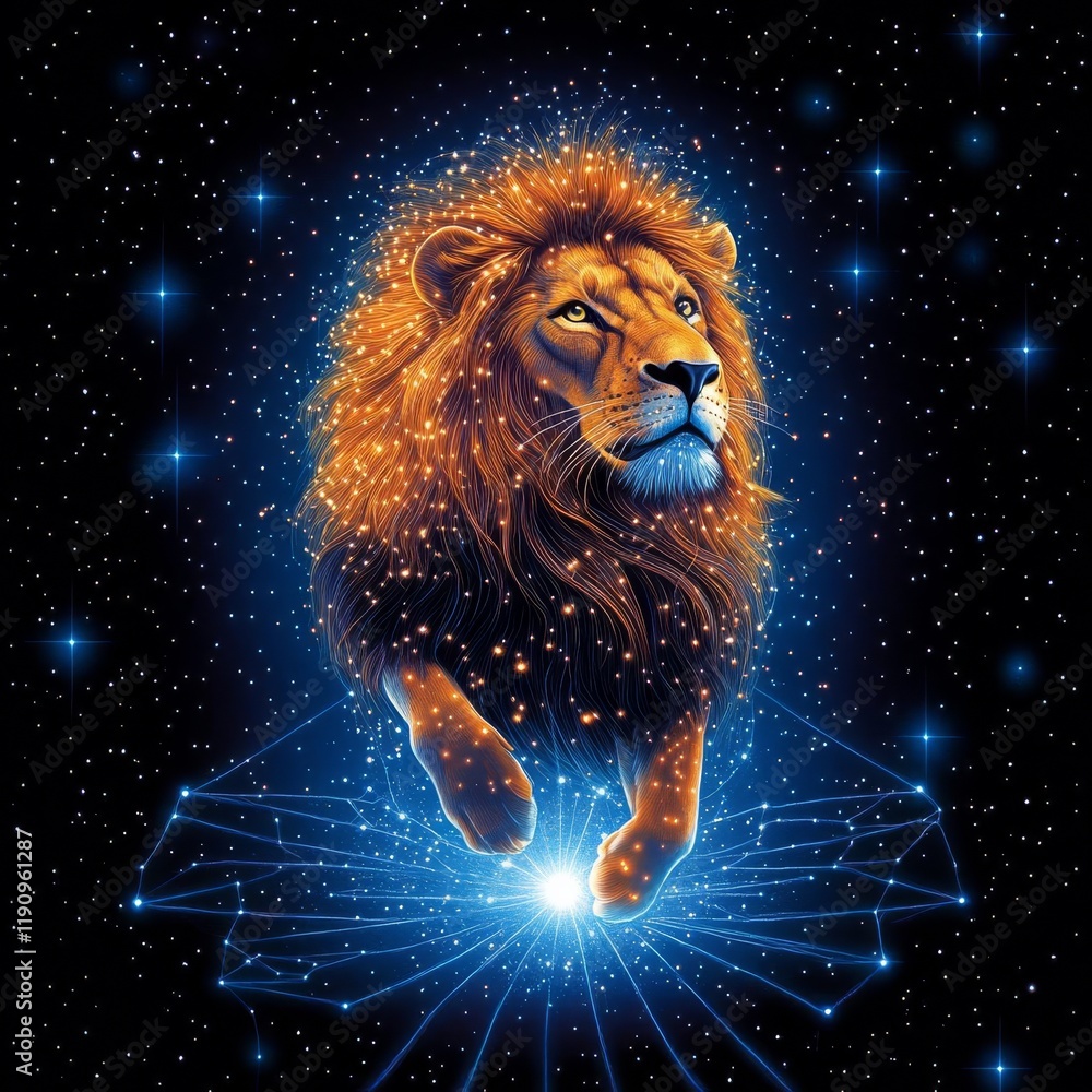 Naklejka premium Lion prowling across a cosmic void, its mane glowing with radiant starlight