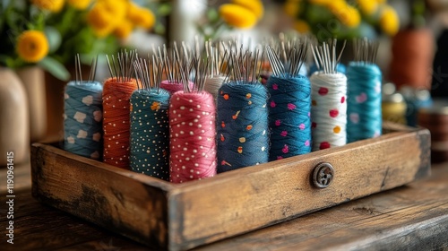 Colorful spools of thread arranged neatly in a wooden tray at a creative work...