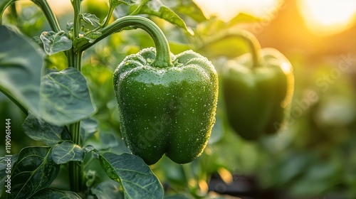 Fresh green bell peppers growing in a lush garden at sunset