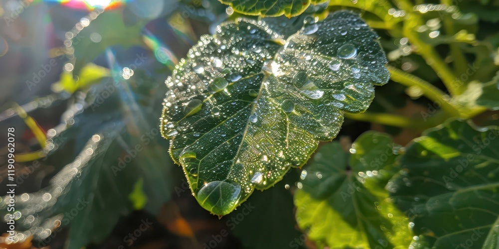 Fototapeta premium Close-up of dew-covered leaves glistening in sunlight, showcasing nature's beauty and freshness.
