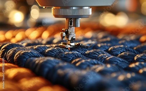 Close-up of a sewing machine needle creating a detailed hem on luxurious, textured fabric. The warm lighting enhances the rich colors and intricate stitching. photo