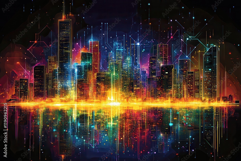 Fototapeta premium Futuristic City Skyline with Vibrant Neon Connections