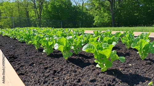 Home vegetable garden with healthy greens in raised beds during sunny weather