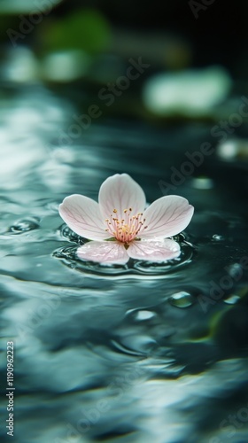 White water lily floating gracefully in serene pond with droplets glistening ...