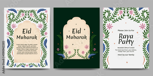 eid mubarak template design for raya party with flower border illustration for poster, greeting card or invitation card.