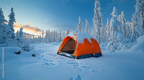 Vibrant orange tent stands out in serene snowy landscape during winter season