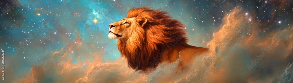 Naklejka premium Lion prowling through a starry cosmic landscape, surrounded by interstellar beauty