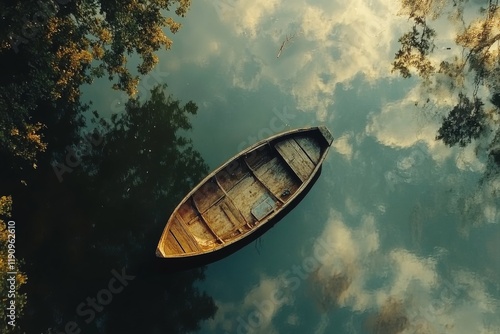 Serene wooden boat floating on calm water with reflections at sunset