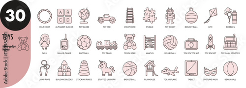 Set of kids toys thin line icons with light pink fill. Teddy, car, doll, train, robot, ball, unicorn, kite, bubbles, playhouse, xylophone, globe, puzzle, abacus, rocket, jump rope, vector illustration