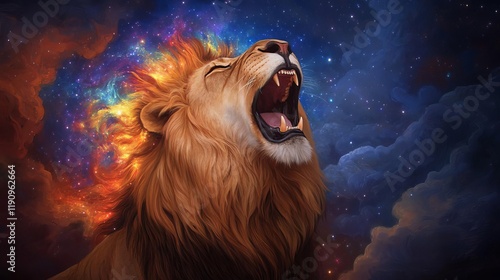 Lion roaring amidst a celestial storm, its mane glowing with vibrant stardust photo