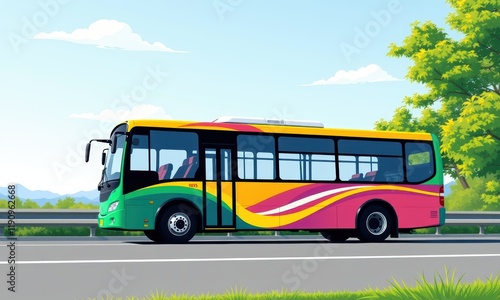 Wallpaper Mural Colorful Public Transport Bus on a Scenic Highway Surrounded by Lush Greenery and Clear Blue Sky on a Bright Sunny Day in a Beautiful Urban Environment Torontodigital.ca