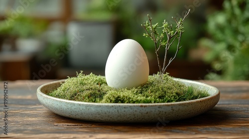 Fresh white egg displayed on green moss in a rustic bowl