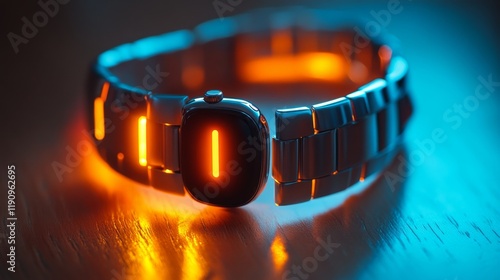 Futuristic smartwatch glowing with vibrant lights on a wooden surface in low ...